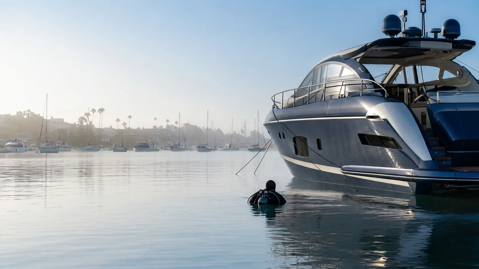 A diver at the surface beside a moored yacht at dawn in Newport Beach